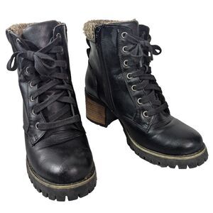 Steve Madden Comfort Combat Booties Faux Fur Trim Size 6 Lace Up /Side Zip Black